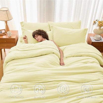 MUXHOMO 7 Pieces Full Comforter Set, Soft Bed in a Bag Full Size, All Season Bedding Set with Comforter, Flat Sheet, Fitted Sheet, Pillowcases & Shams, Cream Yellow