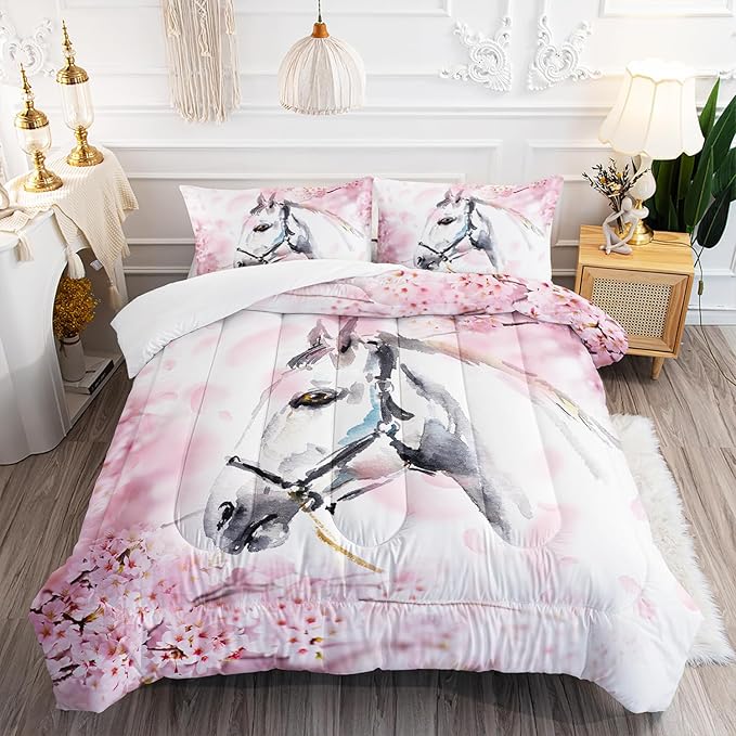 Kid Horse Comforter Set Queen Room Floral Animal Theme Handsome Horse Chic Cherry Blossom Bedding Set Wild Animal Decor Quilt Set for Girls Adult, 1 Comforter + 2 Pillowcases