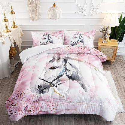 Kid Horse Comforter Set Twin Room Floral Animal Theme Handsome Horse Chic Cherry Blossom Bedding Set Wild Animal Decor Quilt Set for Girls Adult, 1 Comforter + 2 Pillowcases