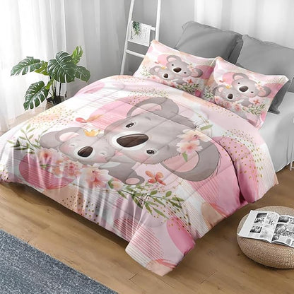 Comforter Set Twin Size, Cute Koala Bear 2 Pcs Soft Bedding Set for Kids and Adults, Floral Animal Flower Comforter Set with Pillowcase, for Bedroom Bed Decor