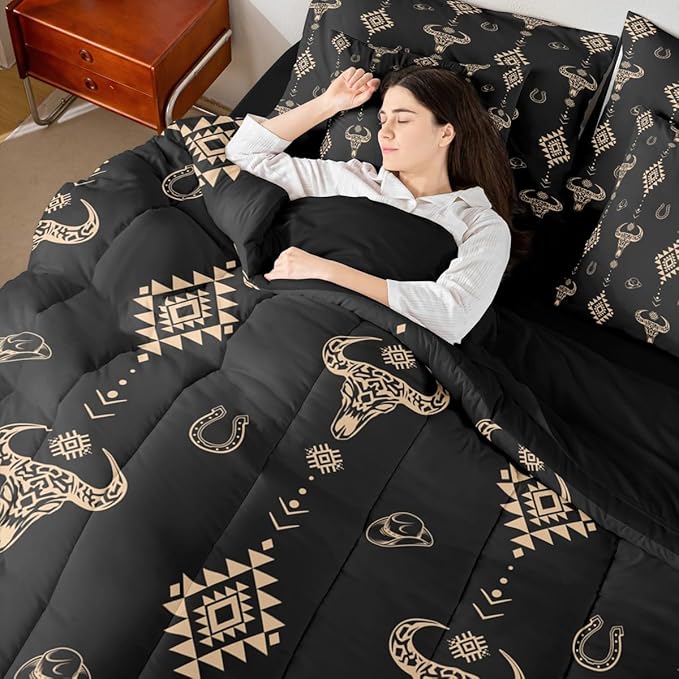 Erosebridal Aztec 7 Piece Bedding Set Full Bull Skull Comforter Set with Sheets Western Arrow Cowboy Hat Dot Black Bed in a Bag Southwest Horseshoe Geometric for Teens Men Women