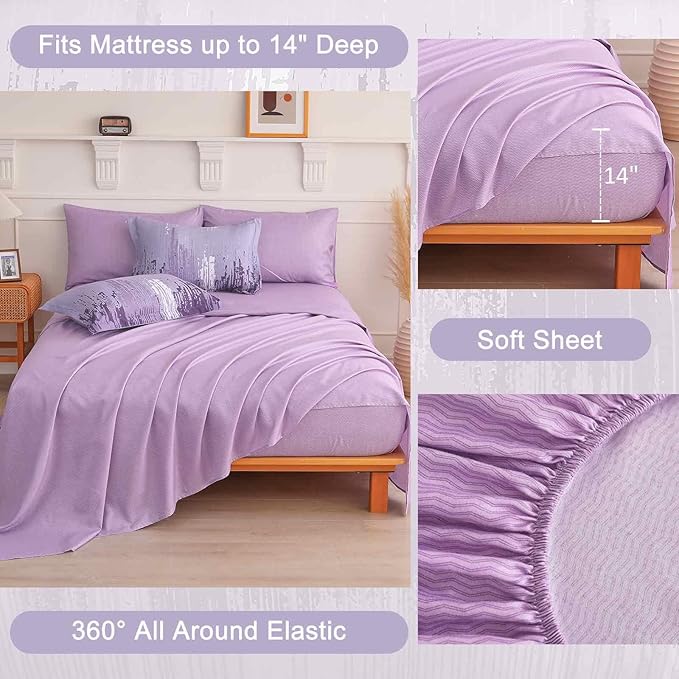 WONGS BEDDING Comforter Set Queen, Ombre Purple 7 Pieces Bed in a Bag Colorful Abstract Art Gradient Comforter Soft Microfiber Bedding Set with Flat Sheet, Fitted Sheet, Pillow Shams, Pillowcases