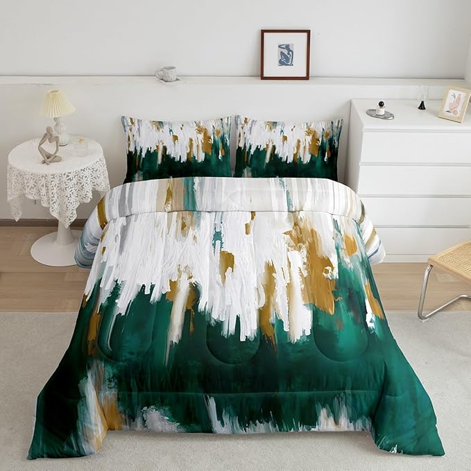 Erosebridal Watercolor Graffiti Comforter King Turqoise Green Bedding Set, Oil Painting Stripe Down Comforter Modern Aesthetic Bed Set, Abstract Gradient Artwork Quilted Duvet 3pcs