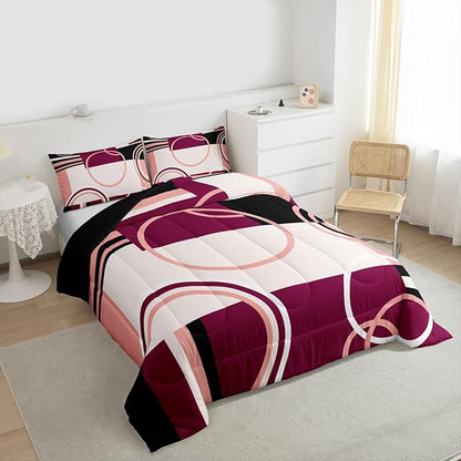 Geometric Circles Swirls Bedding Set Queen Modern Pink Purple Black Gray Comforter Abstract Grid Quilted Duvet Stripes Square Duvet Insert Soft Microfiber Bedding Comforter Sets Simple Style