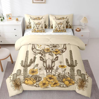 Erosebridal Flower Bull Skull 7 Piece Comforter Set Queen | Brown Symbol Tribal Bed in A Bag Tropical Bed Set Ethnic Bohemian Sheet Set Reversible Antique Aztec Fitted Sheet Breathable Lightweight