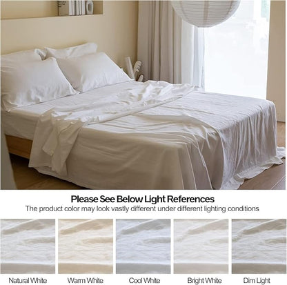 Simple&Opulence Belgian Linen Sheet Set Solid Color - 6 Pieces (1 Flat Sheet & 1 Fitted Sheet & 4 Pillowcases) 16" Deep Pocket Natural Flax Cotton Blended Soft Bedding - White, California King