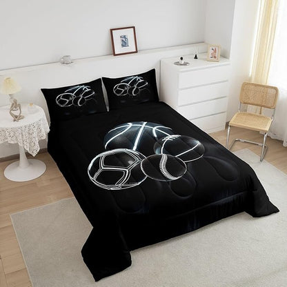 Feelyou Football Comforter Set Queen Size Basketball Comforter for Boys Girls Teens Rugby Sports Bedding Set Ball Game Duvet Set Room Decor Earth Black Mixed Ball Quilt Set