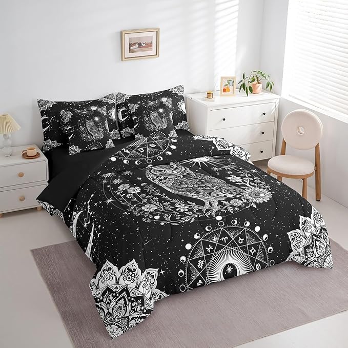 Feelyou Sun Moon Owl Bed in a Bag with Comforter, Queen Size 7Pcs 3D Animal Printed Bedding Set with Comforter, Women Men Ultra Soft Bird Decor Comforter Cartoon Owls Room Decor