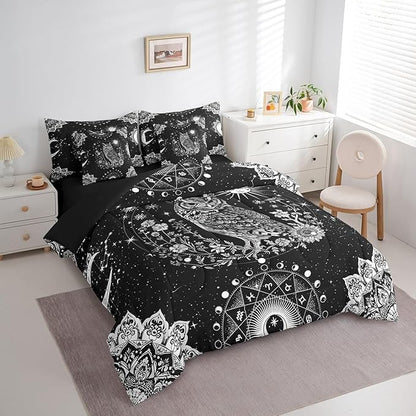 Feelyou Sun Moon Owl Bed in a Bag with Comforter, Queen Size 7Pcs 3D Animal Printed Bedding Set with Comforter, Women Men Ultra Soft Bird Decor Comforter Cartoon Owls Room Decor