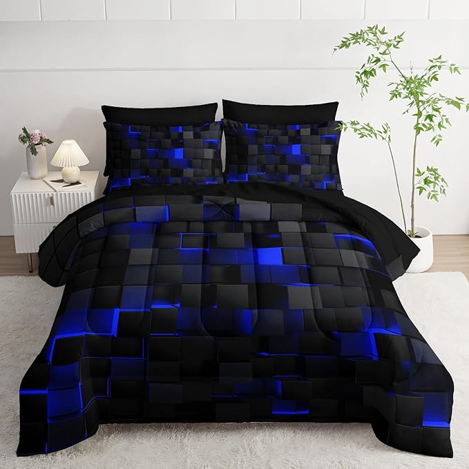 Geometric Blue Black King Comforter Set,Light Honeycomb Bedding Set 7 Piece in A Bag,Bed Sheet Set Geometry Decor,Microfiber Lightweight All Season