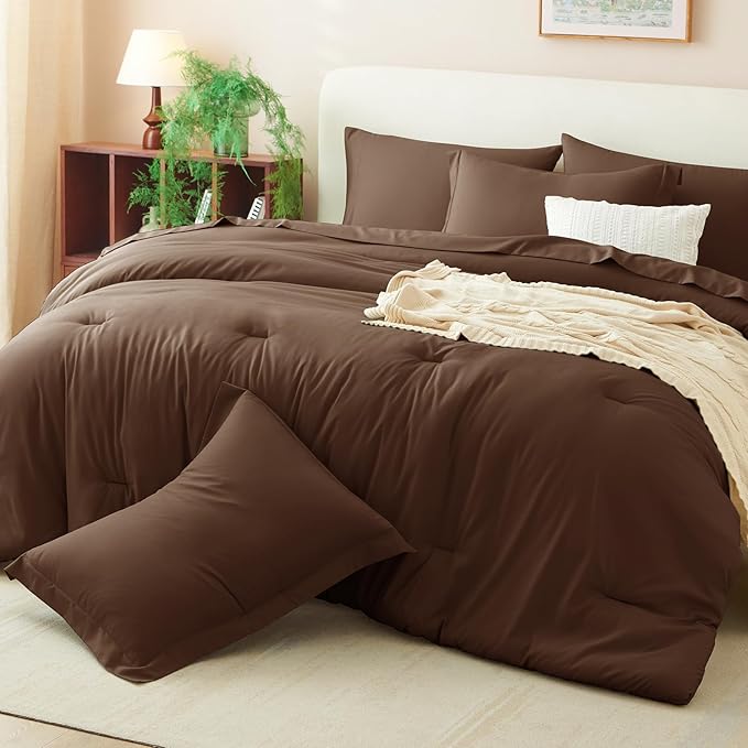 CozyLux King Size Comforter Set Brown, 7 Pieces Bed in a Bag King Comforter Set with Sheets, Soft Bedding Set with Down Alternative Comforter, Fitted Sheets, Flat Sheets, Pillow Shams and Pillowcases