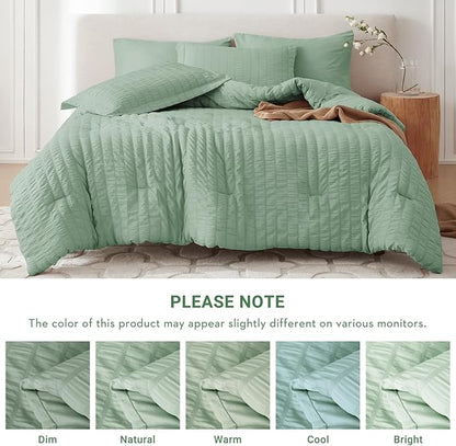 MUXHOMO 7 Pieces Full Comforter Set, Seersucker Bed in a Bag Full Size, All Season Luxury Bedding Set with Comforter, Flat Sheet, Fitted Sheet, Pillowcases & Shams, Sage Green