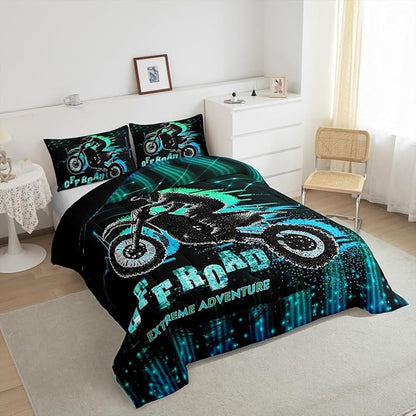 Feelyou Dirt Bike Comforter Set Toddler Size Extreme Sports Comforter Racing Motocross Rider Bedding Set Motorcycle Duvet Set Room Decor Blue Green Quilt Set