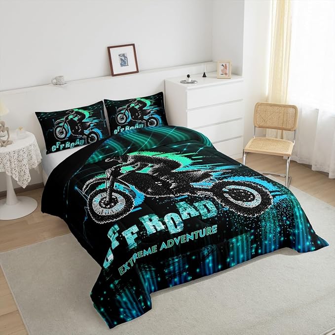 Feelyou Dirt Bike Comforter Set King Size Extreme Sports Comforter Racing Motocross Rider Bedding Set Motorcycle Duvet Set Room Decor Blue Green Quilt Set
