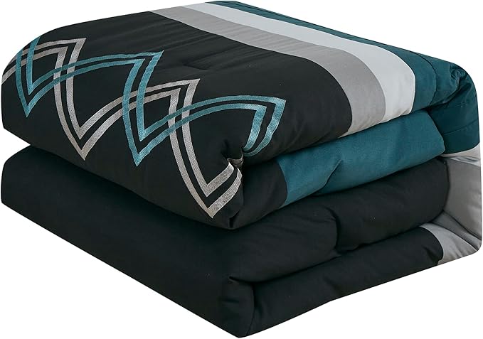 Chezmoi Collection Arden 7-Piece Modern Pleated Stripe Embroidered Zigzag Bedding Comforter Set (King, Teal/Black/Gray)