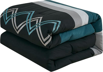 Chezmoi Collection Arden 7-Piece Modern Pleated Stripe Embroidered Zigzag Bedding Comforter Set (Queen, Teal/Black/Gray)