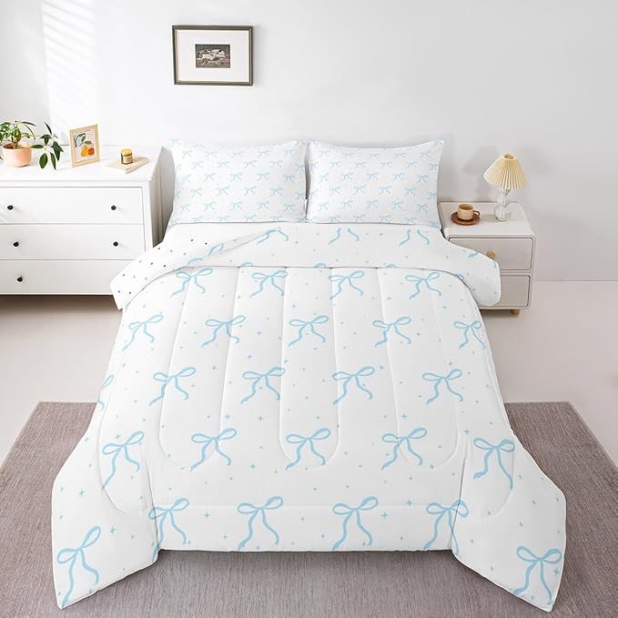 Erosebridal Kids Blue Bow Knot Bedding Set Full Size, Kawaii Bowknot Comforter Set for Youth Teens Adults Bedroom, Dreamy Princess Down Comforter, Princess Galaxy Stars Quilt with 2 Pillowcases