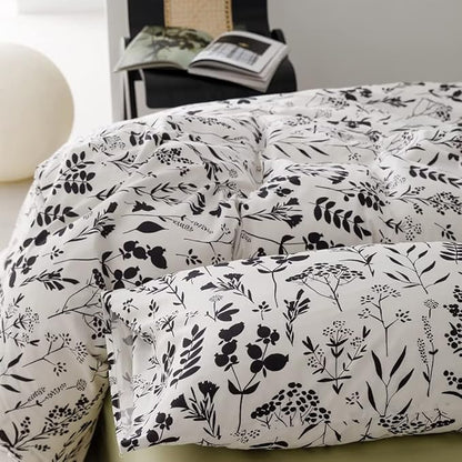 CLOTHKNOW White Black Queen Comforter Set 3Pcs Black Floral Bedding Comforter Sets White Boho Bedding Sets Black Flowers Bed Comforter Sets Queen