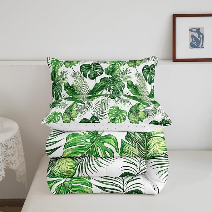 Erosebridal Palm Leaves Comforter Set Hawaiian Bedding Set Monstera Banana Leaves Down Comforter Queen Size Summer Tropical Leaves Quilt Set Green White Lightweight 3Pcs Bedroom Decor