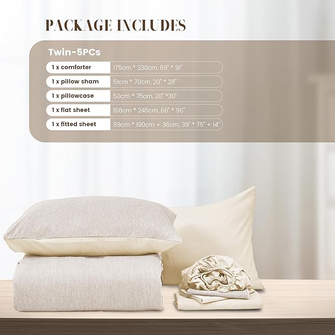 DECMAY Twin Comforter Set with Sheets, 5 Pieces Twin Comforter Set, Cationic Dyeing Bed in a Bag Bedding Set with Comforter, Flat Sheet, Fitted Sheet, Pillowcase and Pillow Sham (Twin, Gream) | twin comforter set, twin bedding set, twin bed in a bag