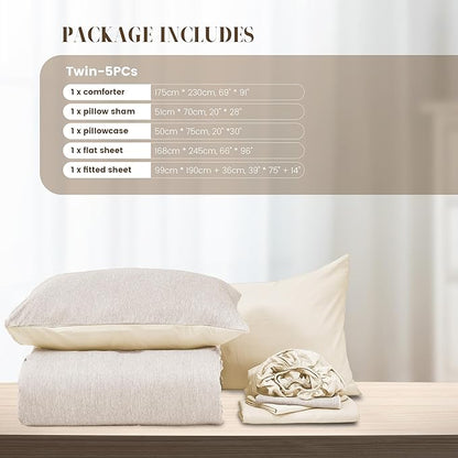 DECMAY Twin Comforter Set with Sheets, 5 Pieces Twin Comforter Set, Cationic Dyeing Bed in a Bag Bedding Set with Comforter, Flat Sheet, Fitted Sheet, Pillowcase and Pillow Sham (Twin, Gream) | twin comforter set, twin bedding set, twin bed in a bag