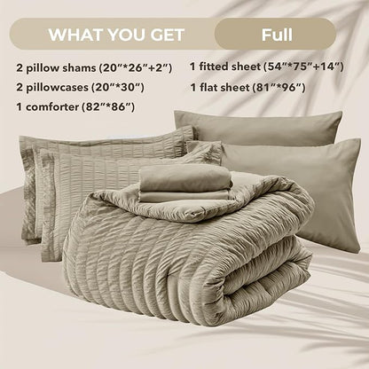 HYMOKEGE Linen Full Size Comforter Sets Seersucker 7 Pieces, All Season Luxury Bed in a Bag for Bedroom, Bedding Set with Comforter, Sheets, Pillowcases & Shams