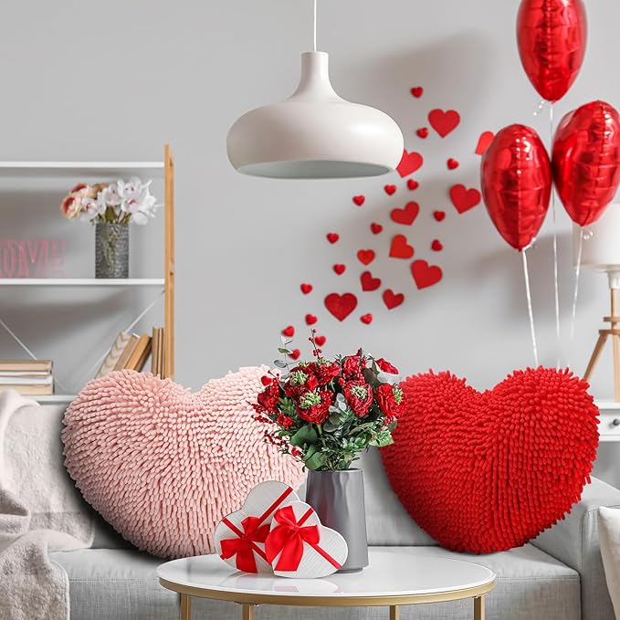 Barydat 2 Set 17 Inch Red Heart Shaped Pillows Valentines Heart Throw Pillows Decorations for Valentine Gift Living Room Sofa Office Sofa Cars Chairs (Red,Pink)