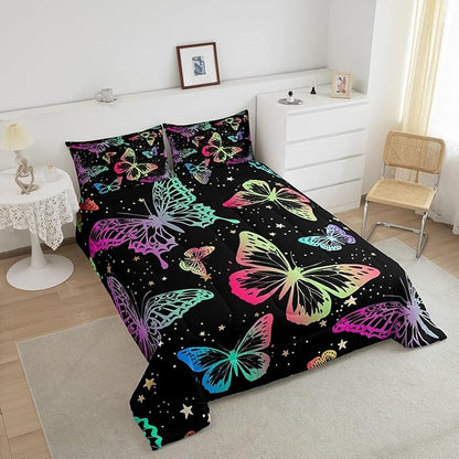 Erosebridal Butterfly Comforter Set King Starry Sky Galaxy Colorful Ombre Butterflies Bedding Sets for Kids Girls Teens Women Cartoon Bedding Comforters & Sets Room Decor with 2 Pillow Cases