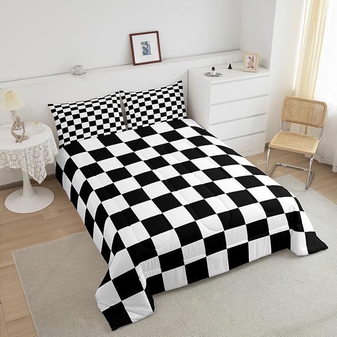 Feelyou Checkered Retro Bedding Set Teen Women Men Black White Plaid Comforter Set Twin Size Kids Boys Girls Geometric Vintage Duvet Insert Modern Simple Groovy Aesthetic Room Decor