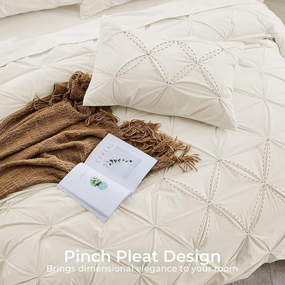 Sasttie Twin Comforter Set, 5-Piece Bed in a Bag, Pintuck Bedding Sets for All Season, Includes Comforter, Flat Sheet, Fitted Sheet, Pillowcase and Pillowsham, Beige