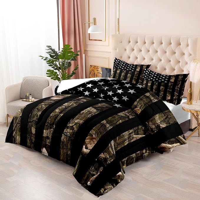 LUVIVIHOME 3PCS Camo Comforter Set Full Size, Rustic Bedding, Black American Flag Bed Set, Country Farmhouse Hunting Bedroom Decor for Men Boys, Soft Microfiber Quilt, 2 Pillow Shams