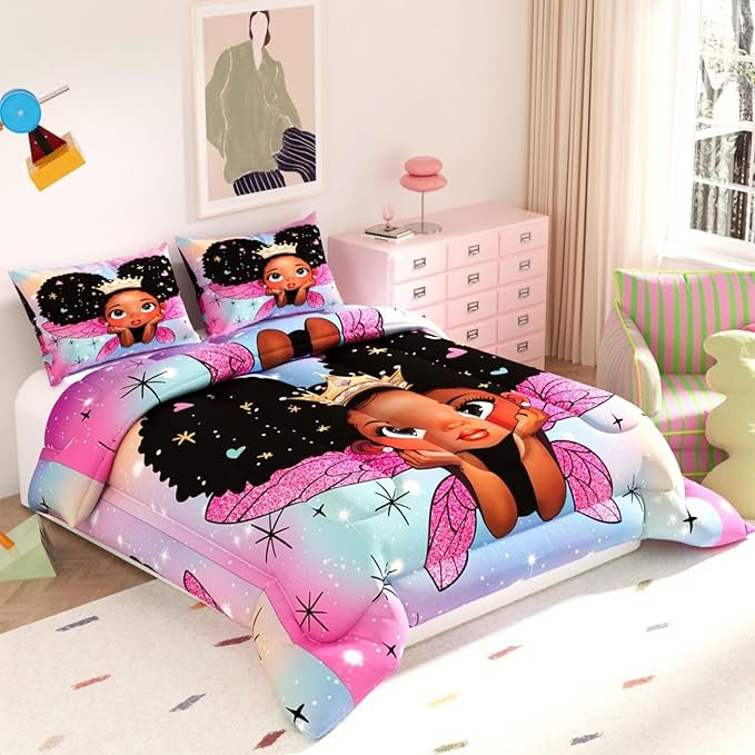 Black Girl Comforter Set, 3D Rainbow Pink glaxy Pattern for Kids Girls Adults,Decorative Bedding Comforter Sets with 2 Pillow Shams, Queen Size