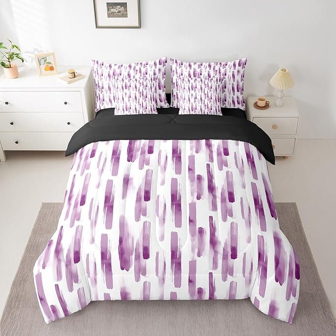 Erosebridal 7Pcs Purple Pink Striped Comforter Set King for Women Men,Modern Geometric Abstract Bedding,Gradient Art Aesthetic Bed in A Bag,Contemporary Boho Graffiti Quilt Set with Pillowcases