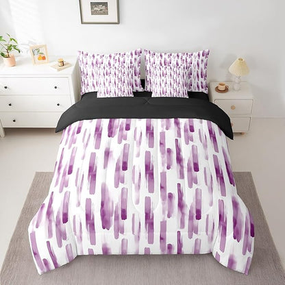Erosebridal 7Pcs Purple Pink Striped Comforter Set King for Women Men,Modern Geometric Abstract Bedding,Gradient Art Aesthetic Bed in A Bag,Contemporary Boho Graffiti Quilt Set with Pillowcases