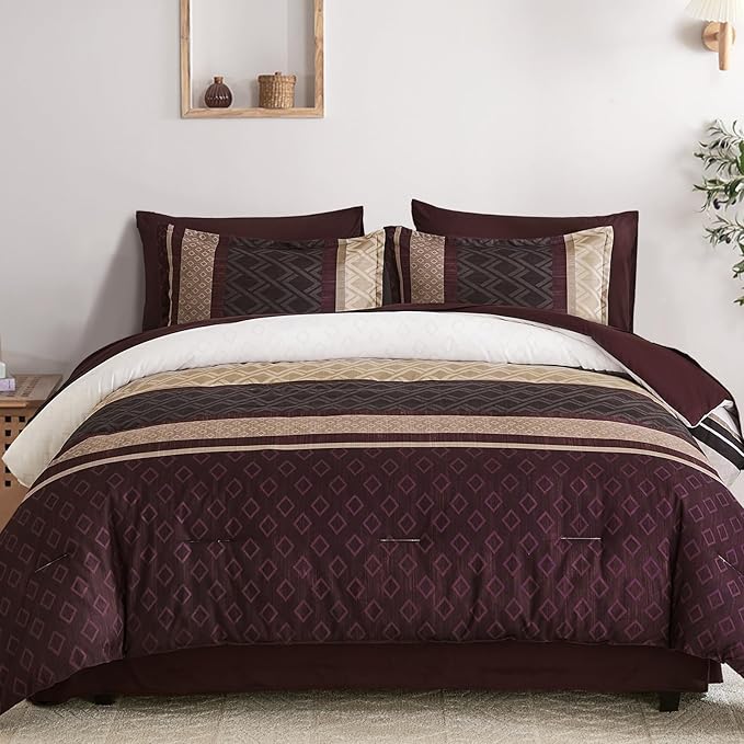 Cottolester Boho Comforter Set King Size,Red Brown Striped Bed in a Bag,Plaid Comforter and Sheet Set,Soft Microfiber Complete Bedding Sets