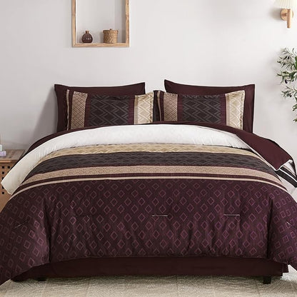 Cottolester Boho Comforter Set Queen Size,Red Brown Striped Bed in a Bag,Plaid Comforter and Sheet Set,Soft Microfiber Complete Bedding Sets