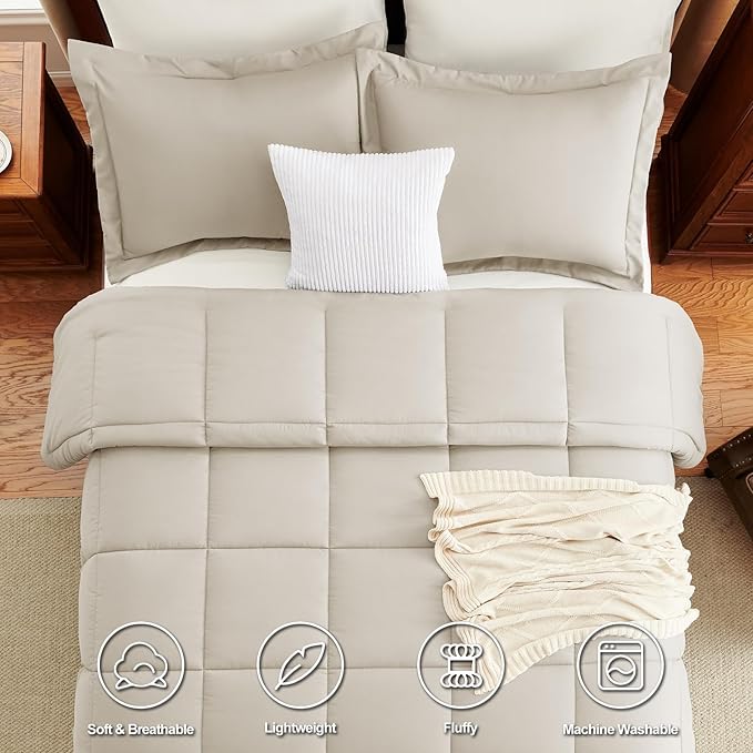 CozyLux King Size Comforter Set - Beige Comforter King Size, 3 Pieces Box Stitched Bed Set for All Seasons, Soft Lightweight Bedding Sets with 1 Down Alternative Comforter and 2 Pillow Shams