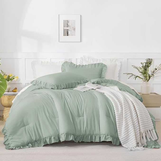 Andency Sage Green Twin Comforter Set, 2 Pieces Kids Ruffle Comforter Set Twin(66x90Inch), Farmhouse Shabby Chic Comforter Set, Soft Microfiber Kids Bedding Set