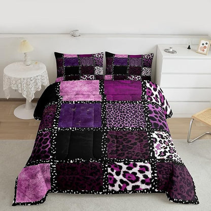 Erosebridal Pink Leopard Print Full Size Comforter Sets for Kids Boys Girls,Animal Skin Texture Bedding Set,Patchwork Geometric Duvet Insert,Farmhouse Quilt Bedroom Decor