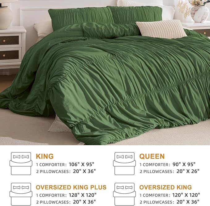 Masaca Oversized King Comforter 128"x120",Olive Green Ruched Shabby Boho Chic Bedding Comforter Set,3 Pieces Soft Lightweight Dark Green Ruffle Farmhouse Bedding Set Extra Large