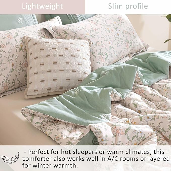 Faded Blush Floral Cotton Comforter Queen Size - 3PC Lightweight Bedding Sets with Soft Alternative Fill, Vintage-Inspired Delicate Botanical Patterns, Muted Sage Reversible Design