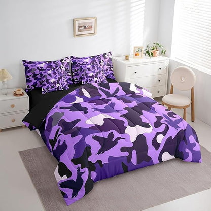 Erosebridal Camouflage 7 Piece Comforter Set Full Size Hunting Bedding for Kids Girls Army Duck Hunter Bed in A Bag Sheet Set Vintage Purple Black Bedroom Decor Wild Animal Duck Rustic Bed Set