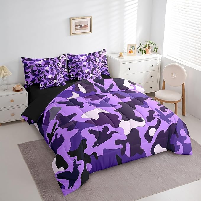 Erosebridal Duck Hunting 7 Pcs Twin Bedding Set - Army Camouflage Hunting Bed in A Bag - Sheet Set, Vintage Purple Black Room Decor, Wild Animal Duck Rustic Comforter Set