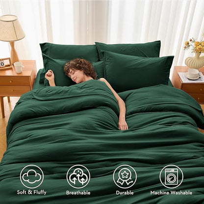 MUXHOMO 7 Pieces Full Comforter Set, Soft Bed in a Bag Full Size, All Season Bedding Set with Comforter, Flat Sheet, Fitted Sheet, Pillowcases & Shams, Dark Emerald Green