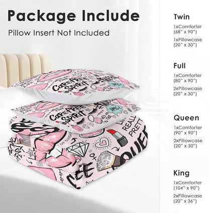 Comforter Set Twin Size, Makeup Pink Queen Soft 2 Pcs Bedding for Kids and Adults, Women Diamond Cute Comforter Set with Pillowcase, for Bedroom Bed Decor