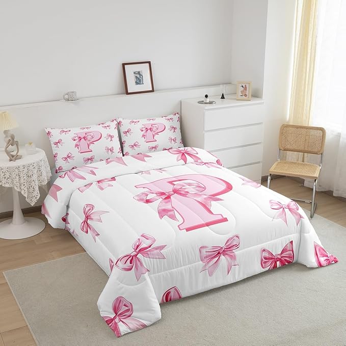 Erosebridal Initial Letter P Bedding Comforter Sets Pink Kawaii Bow Queen Bedding Set for Girls,Dreamy Princess Letter Bowknot Comforter Set for Kids Teen Women Bedroom Decor,Cute Girly Bow Bed Set