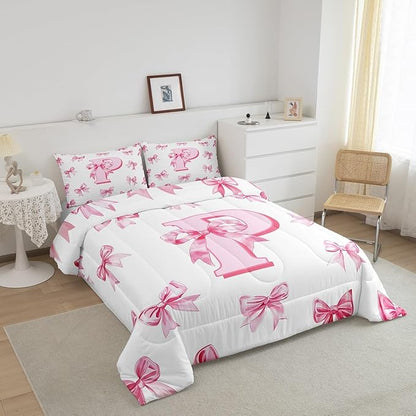 Erosebridal Initial Letter P Bedding Comforter Sets Pink Kawaii Bow Full Bedding Set for Girls,Dreamy Princess Letter Bowknot Comforter Set for Kids Teen Women Bedroom Decor,Cute Girly Bow Bed Set