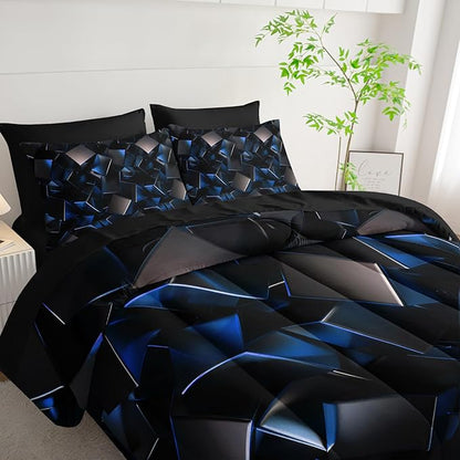Blue and Black Geometric Comforter Set Queen Size 7PCS,Abstract Triangular Printed Bedding Set for Adults,Geometric Mordern Art Decor All Seasons with Pillowcases,Flat, Fitted Sheet