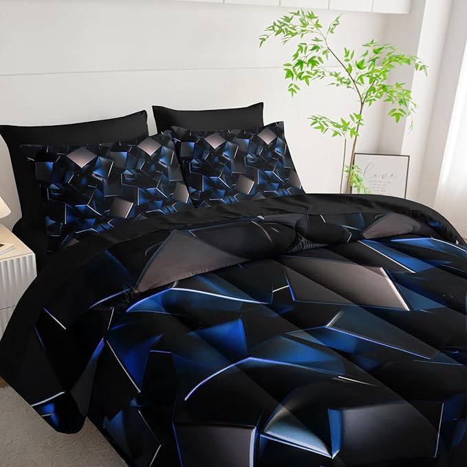Blue and Black Geometric Comforter Set Twin Size 7PCS,Abstract Triangular Printed Bedding Set for Adults,Geometric Mordern Art Decor All Seasons with Pillowcases,Flat, Fitted Sheet