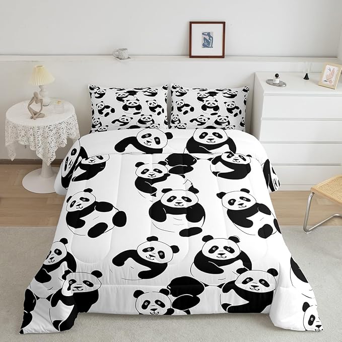 Erosebridal Cartoon Panda Comforter Set, Cute Panda Down Comforter Queen, Wildlife Animal Quilted Duvet, Animal Comforter Set for Nursery Toddler Kids Boys Girls, Soft Breathable Duvet Insert